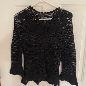 INC International Concepts Open Knit Crochet Black Ruffle  Hem Cardigan M